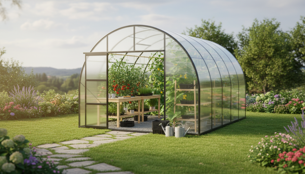 Polycarbonat drivhus: Optimer pladsen med planteborde og hylder
